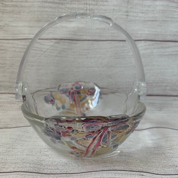 Vintage Mikasa Glass Christmas Basket Bowl with Bells and Plastic Bow Handle - Picture 5 of 16